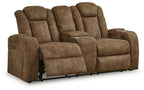 Brindle brown power reclining loveseat from front-right with extended footrests