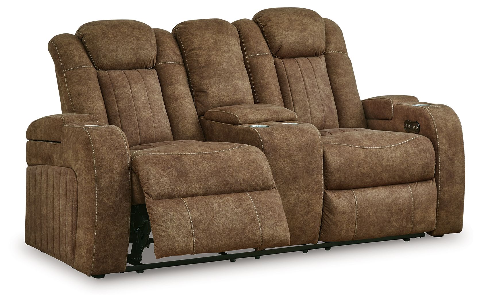 Brindle brown power reclining loveseat from front-right with extended footrests