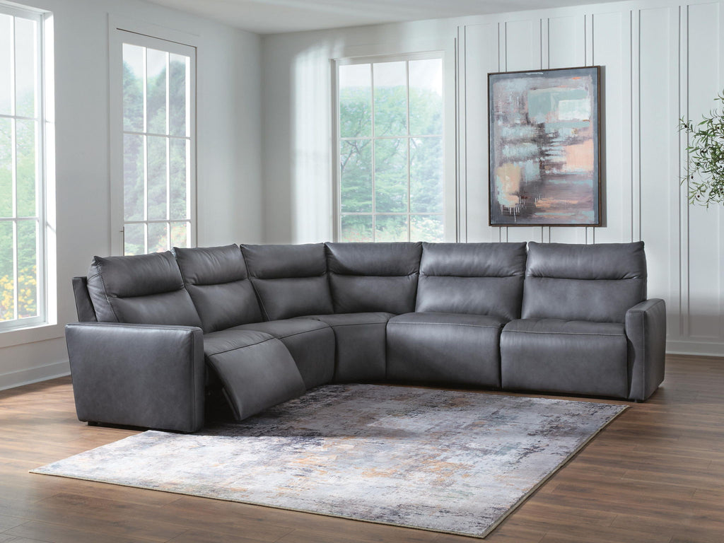 Gray power reclining sectional sofa with chaise seating and tufted back cushions