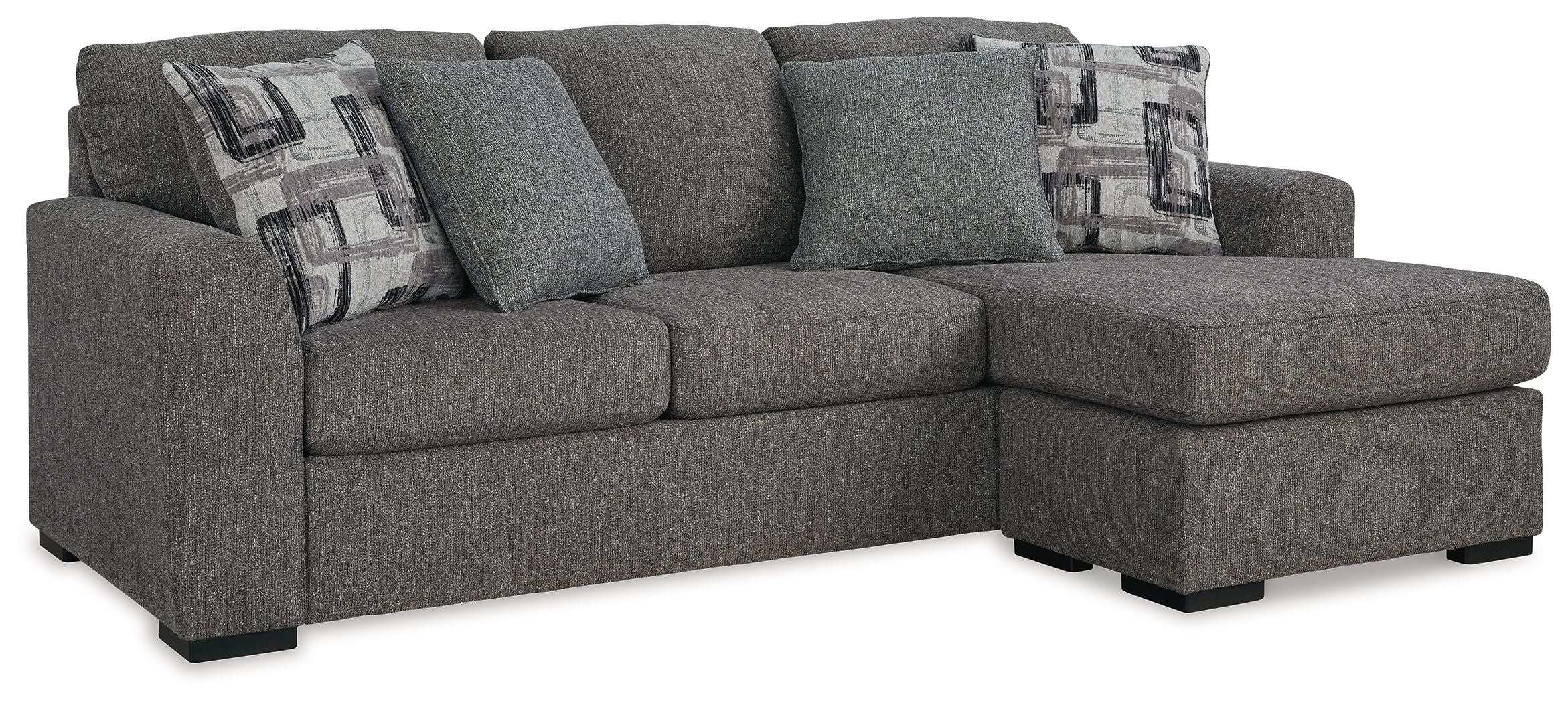 Pewter fabric sofa chaise with right chaise, three back pillows, and two patterned throws
