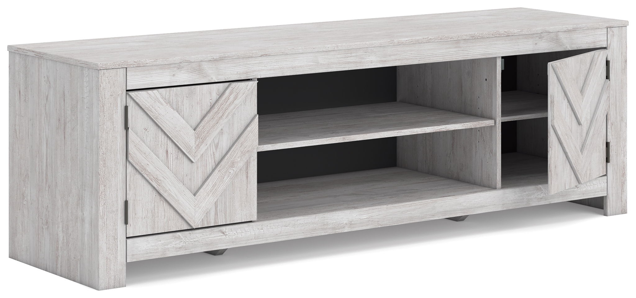 White TV stand with chevron cabinet doors and open center shelves