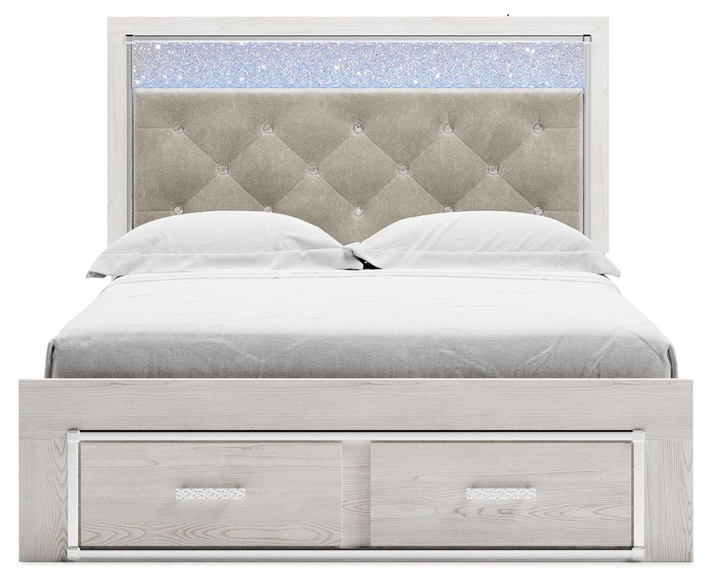 White panel bed with light gray upholstered headboard and two-drawer footboard storage.