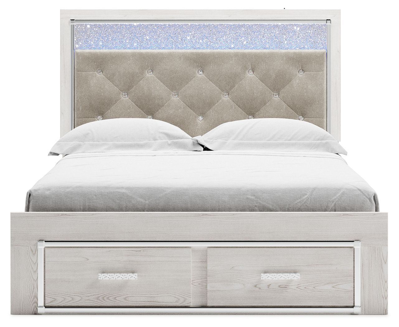 White panel bed with light gray upholstered headboard and two-drawer footboard storage.