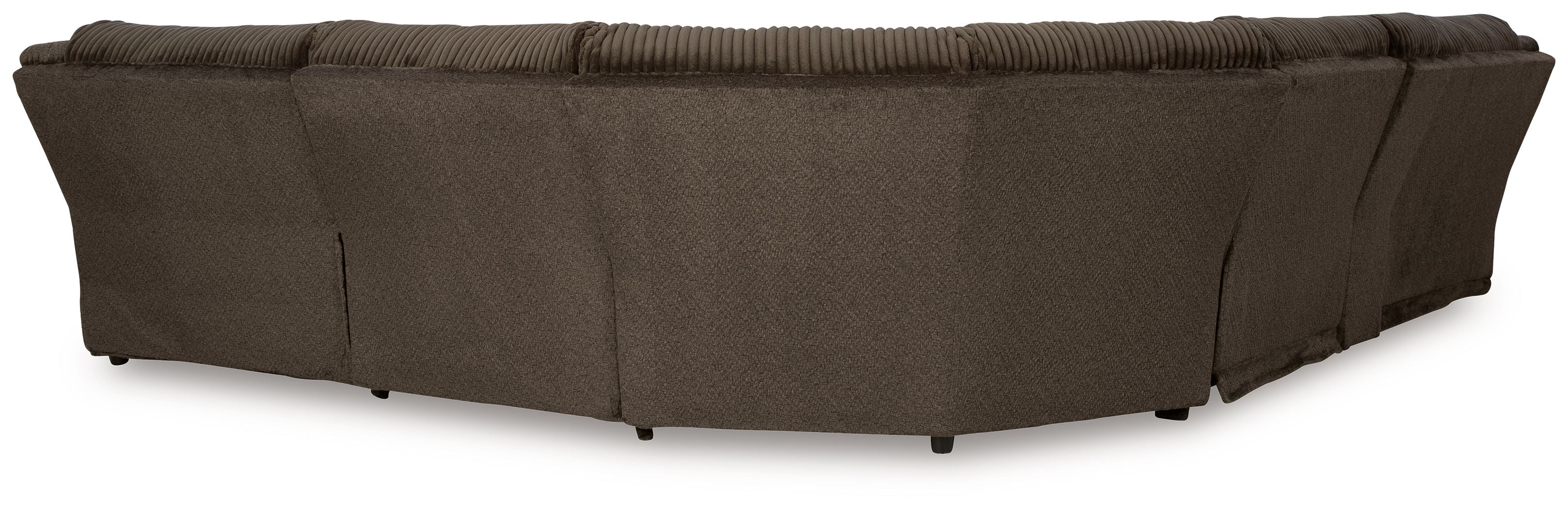 Dark brown reclining sectional sofa with rounded arms and striped upholstery