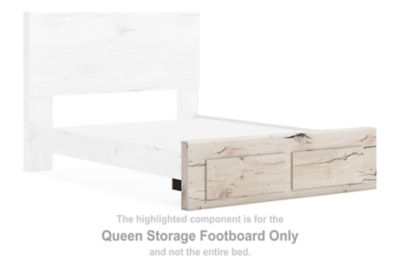 Queen storage footboard in light natural wood with drawer-style fronts and panel detailing