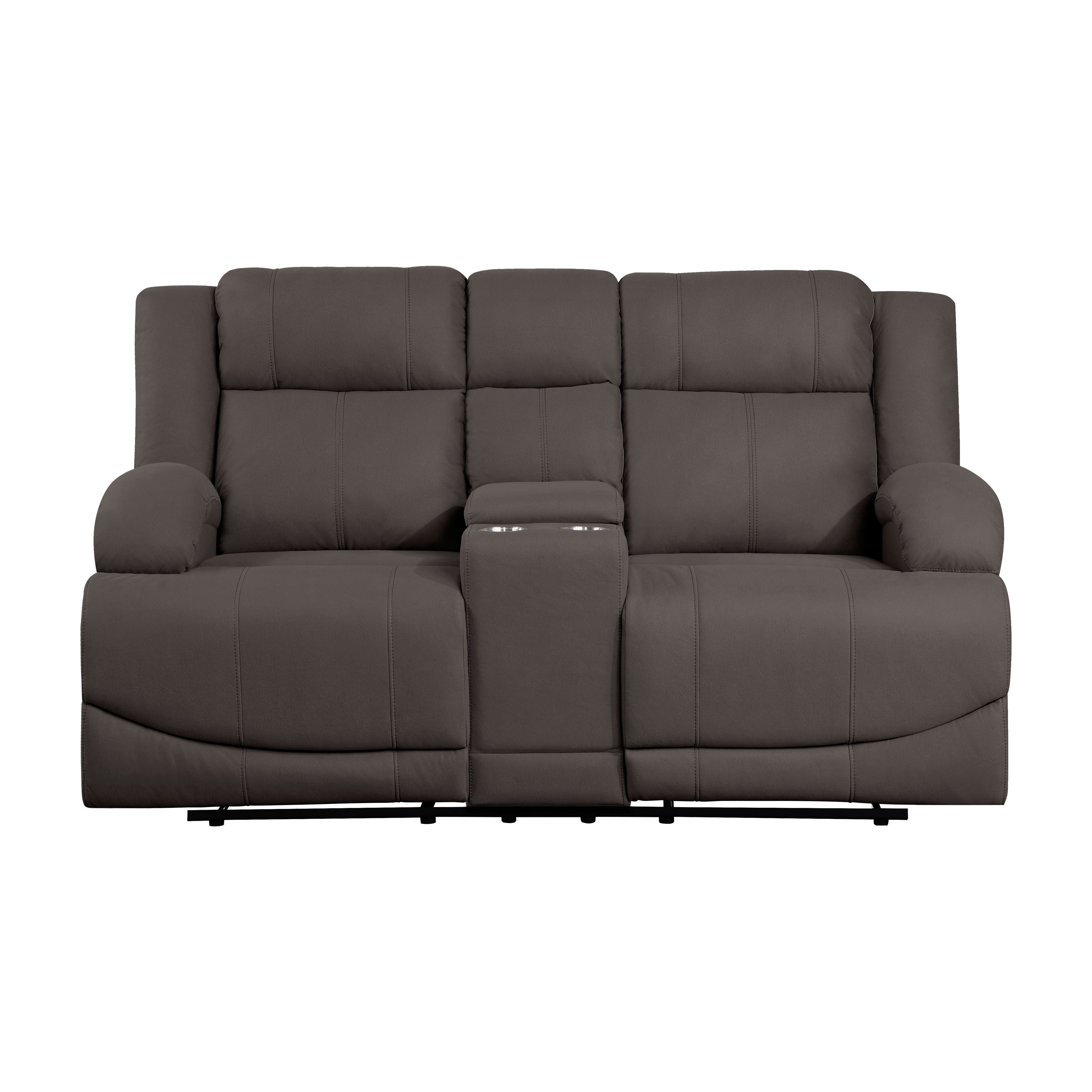 Chocolate Color Microfiber Upholstered 1 Piece Double Reclining Loveseat With Center Console Transitional Living Room Furniture