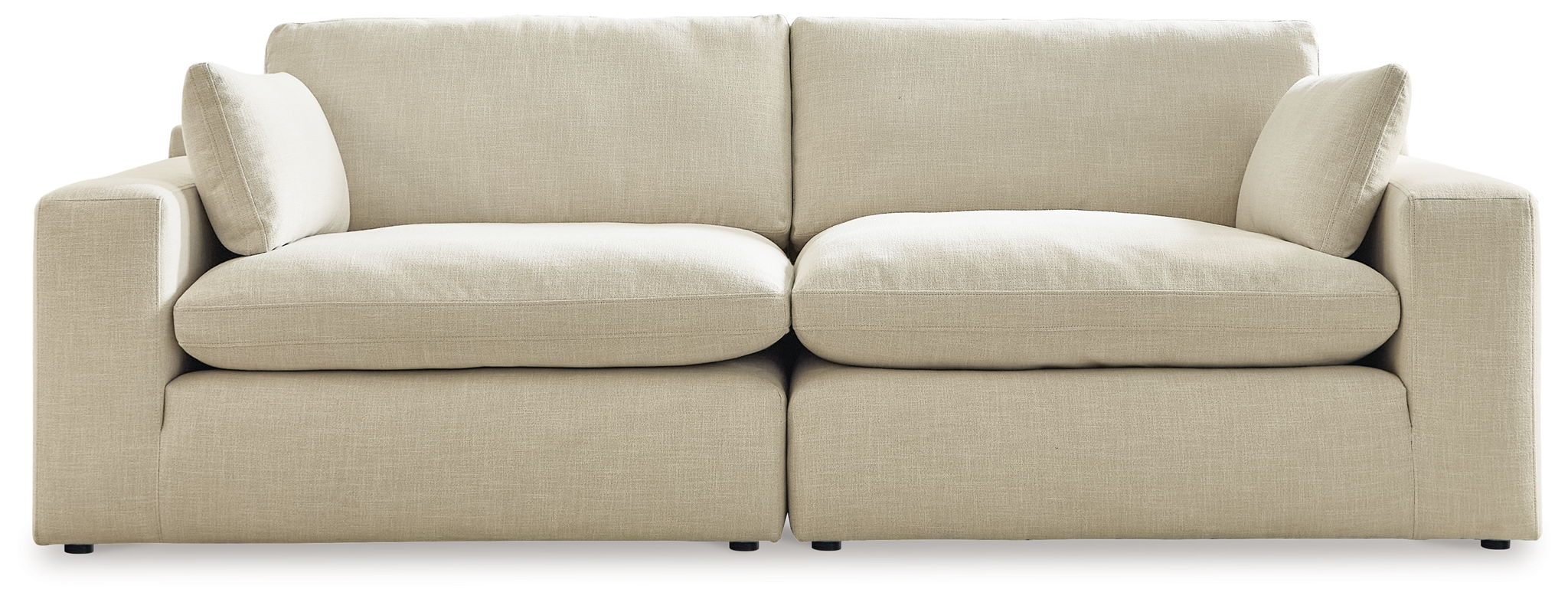 Linen sectional loveseat in light beige with two seat cushions and armrests