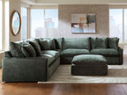 Jade green 3-piece sectional sofa with corner chaise and matching ottoman bench
