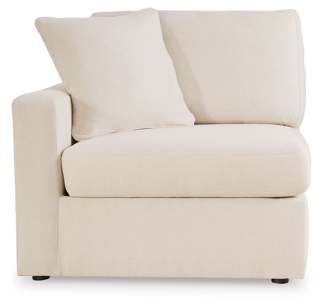 Corner chair with tall back cushion and left armrest, upholstered in light beige fabric