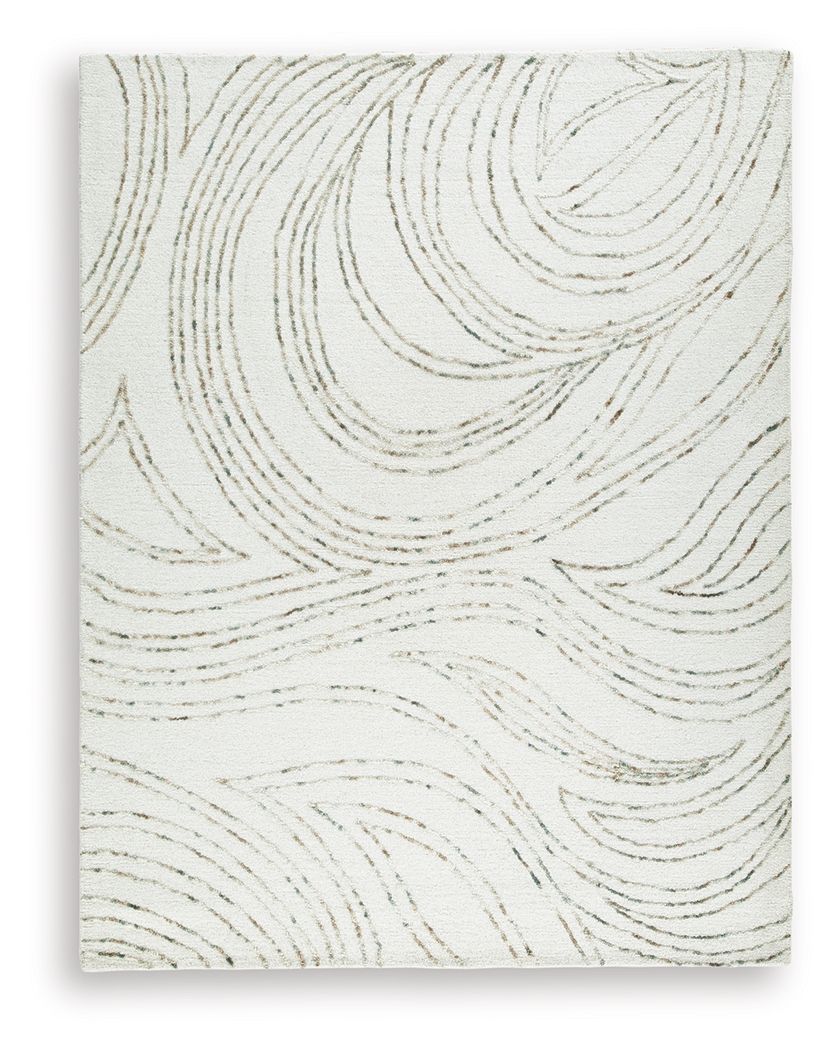 Deenbury rug in off-white with beige and gray swirl line pattern