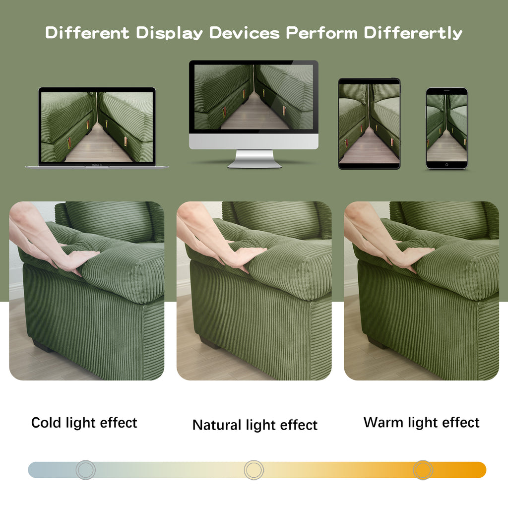 Green corduroy sectional sofa armrest shown in close-up under different light effects
