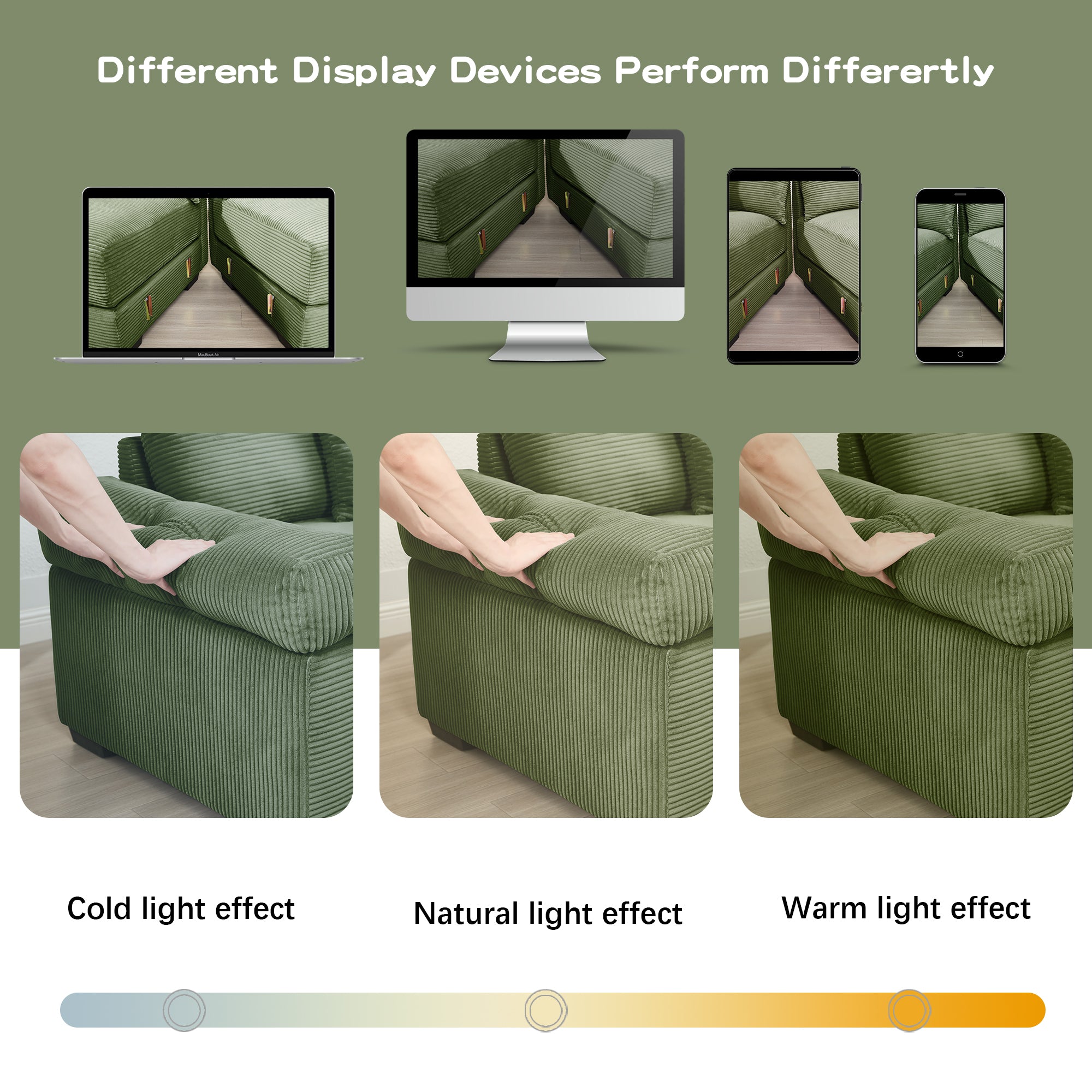 Green corduroy sectional sofa armrest and seat cushion shown from close side angle