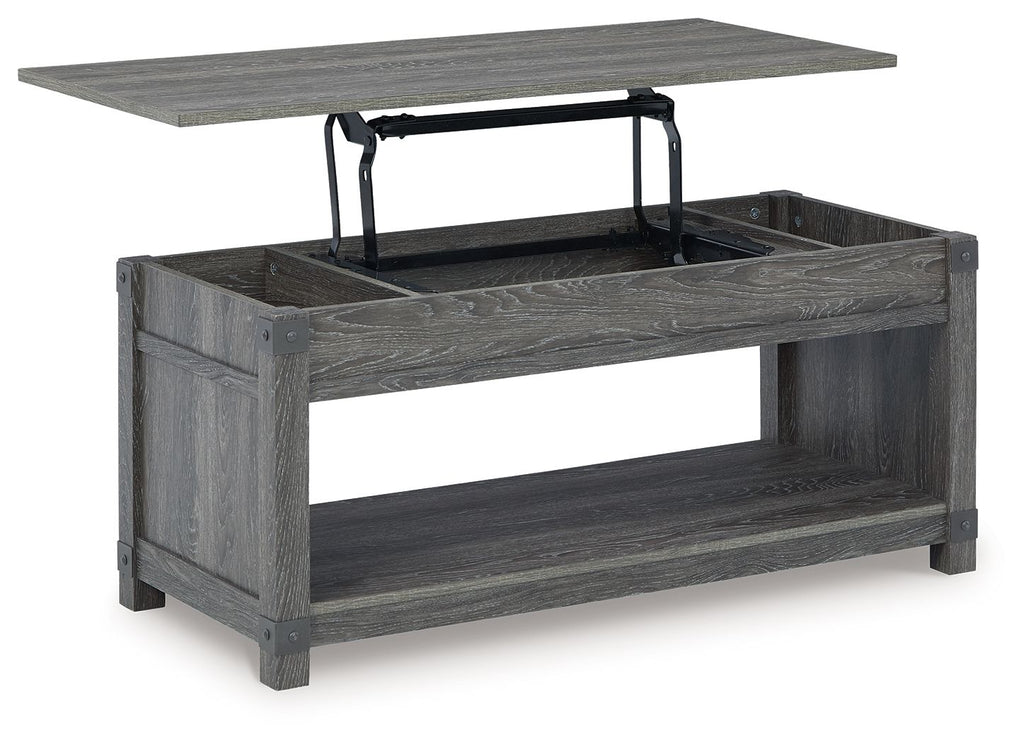 Freedan lift-top cocktail table, grayish-brown wood, top raised with storage compartment