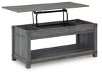 Freedan lift-top cocktail table, grayish-brown wood, top raised with storage compartment