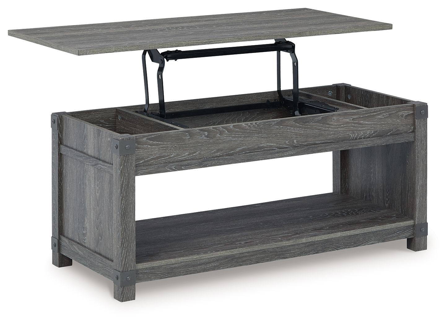 Freedan lift-top cocktail table, grayish-brown wood, top raised with storage compartment