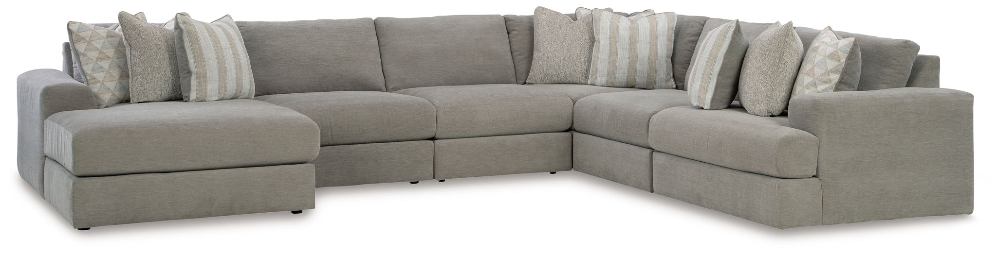 Gray corner sectional with chaise-style seating and rows of accent pillows