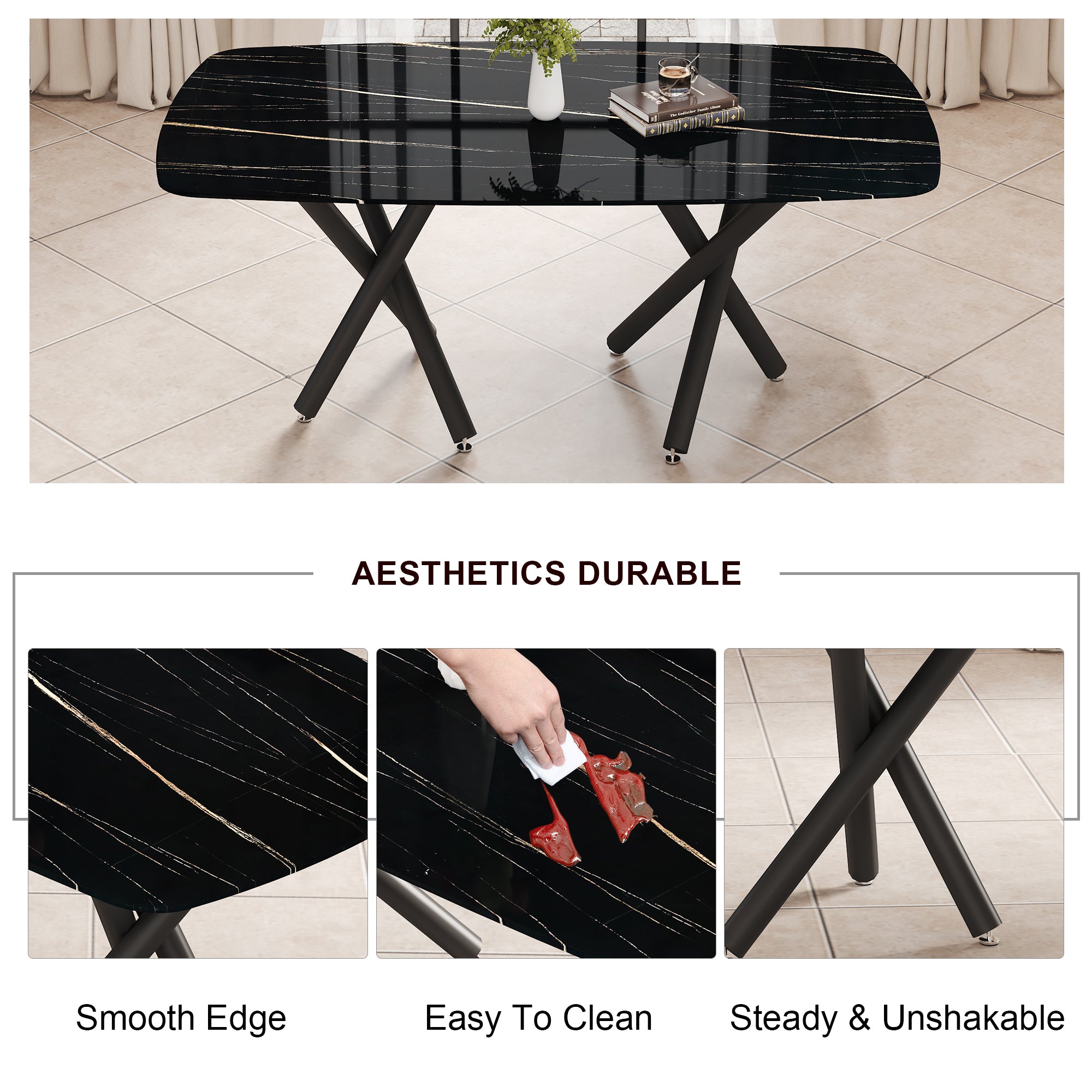 Black Marble Dining Table Set for 6