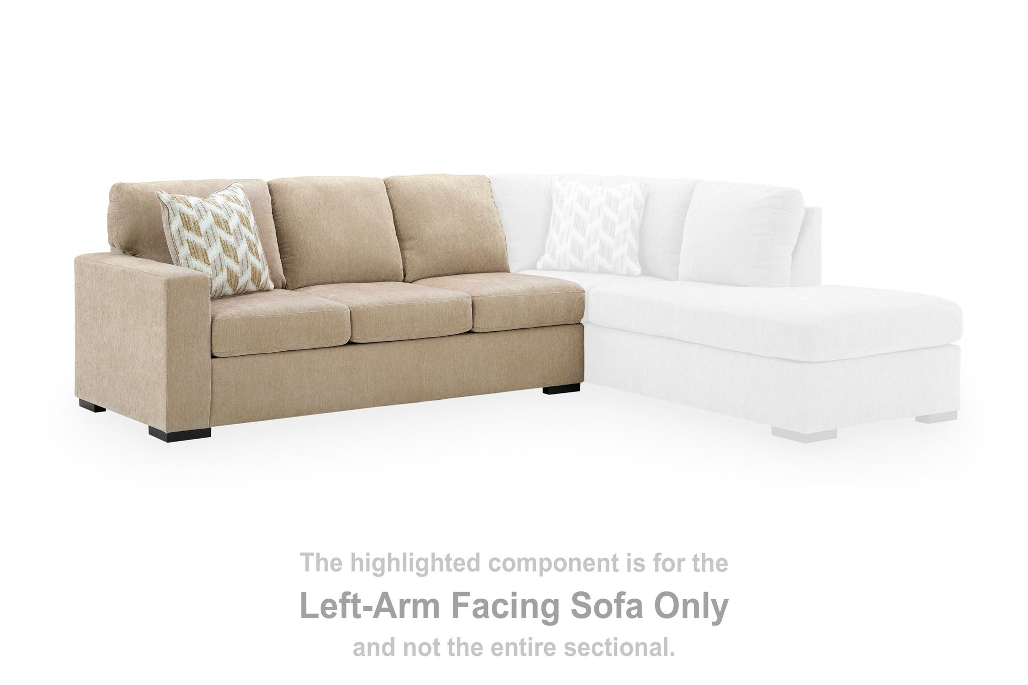 Left-arm facing sectional sofa in beige with black feet, shown with white chaise