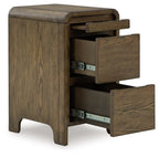 Brown wooden accent table with two open drawers and side shelves