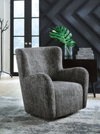 Dark gray swivel glider accent chair with padded arms, tall back, and black circular base
