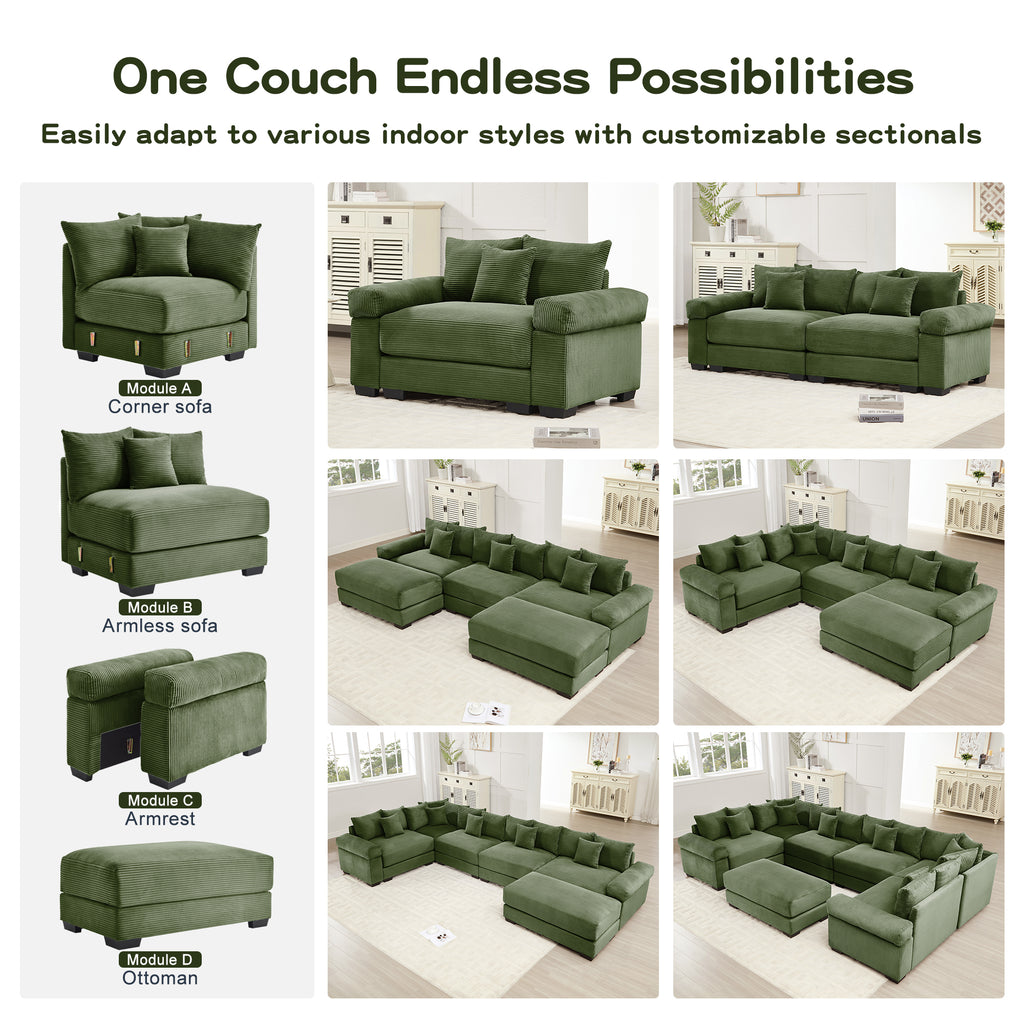 Green corduroy sectional sofa with corner and modular ottomans for flexible layouts