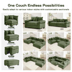 Green corduroy sectional sofa with corner and modular ottomans for flexible layouts