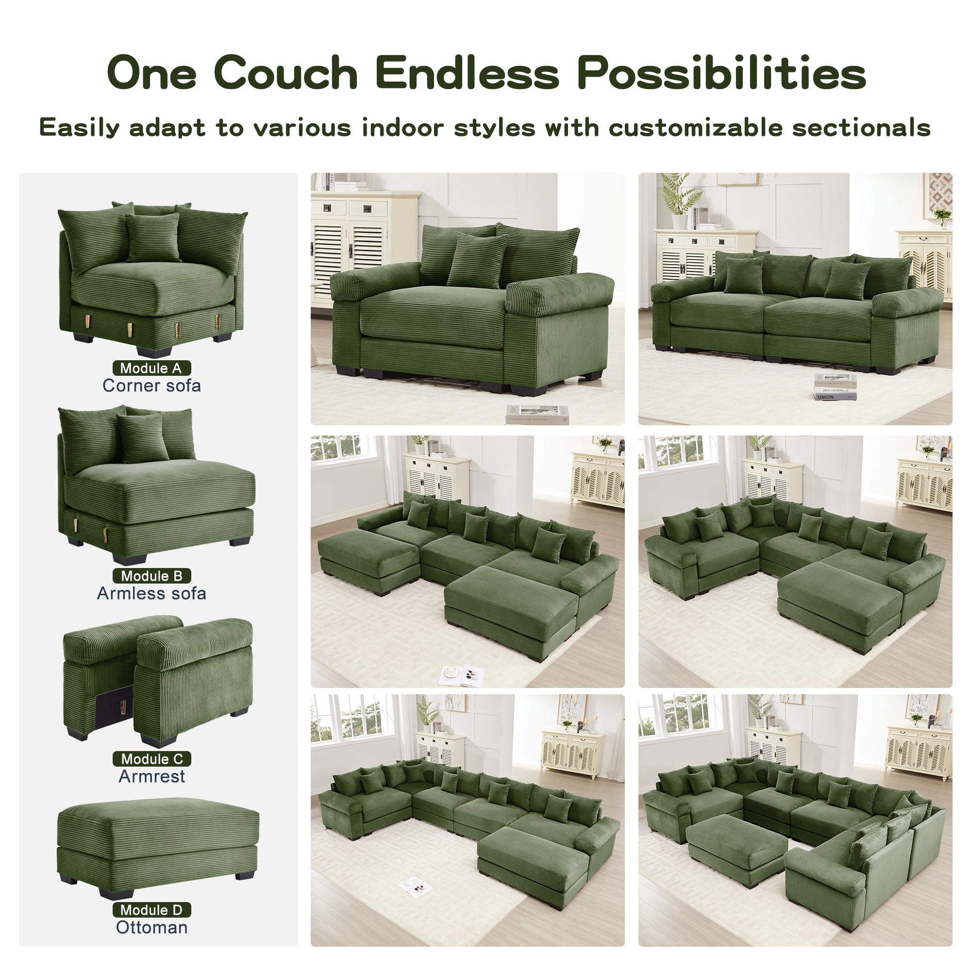 Green modular sectional sofa with corner and chaise modules shown in layout options
