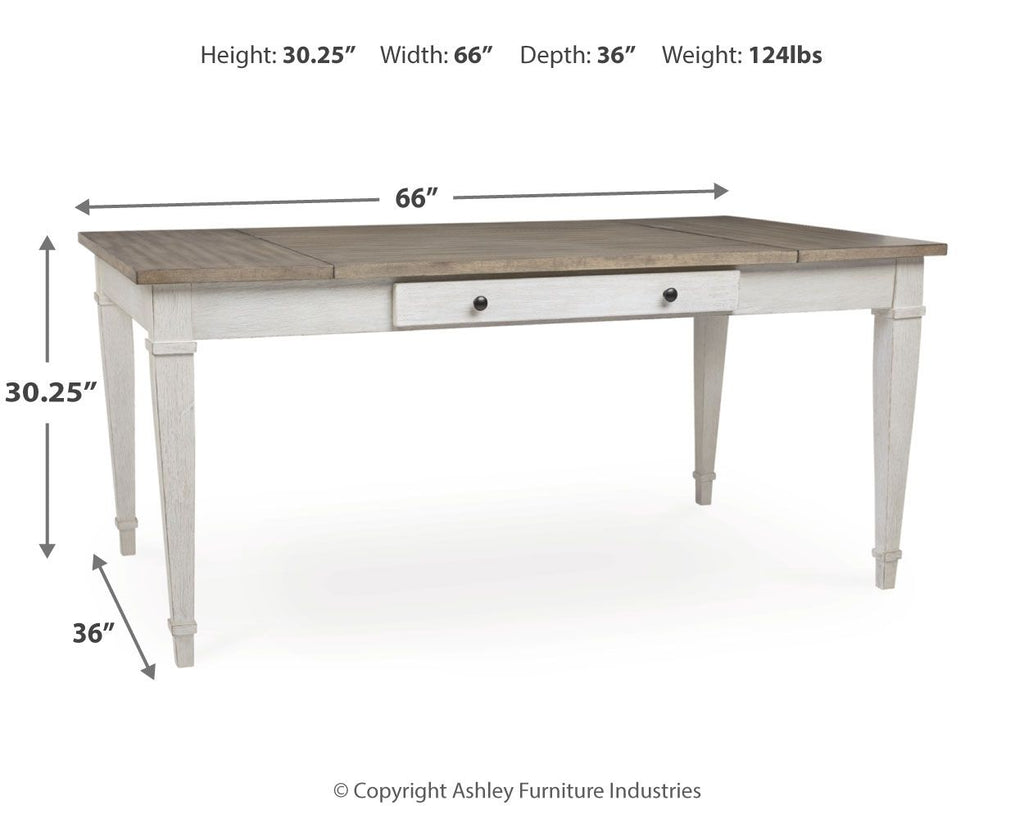 Rectangular table diagram with two drawers, white base, wood-look top, 66 in