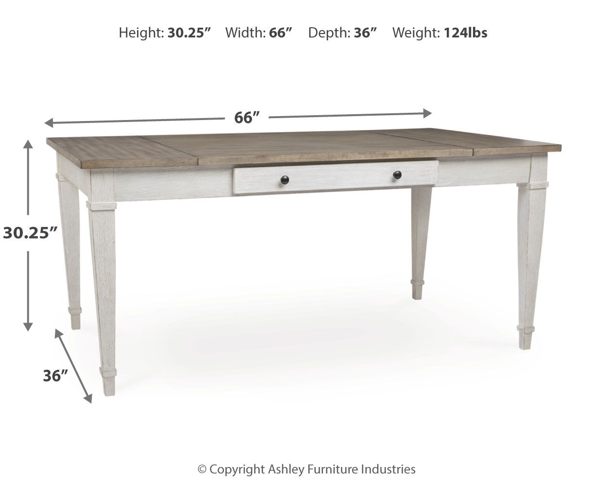 Rectangular table diagram with two drawers, white base, wood-look top, 66 in
