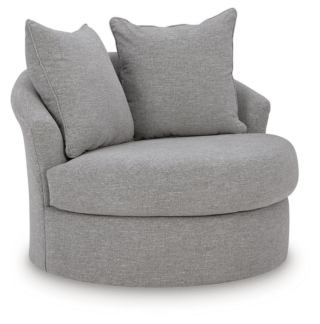 Pewter fabric swivel accent chair with two square back cushions