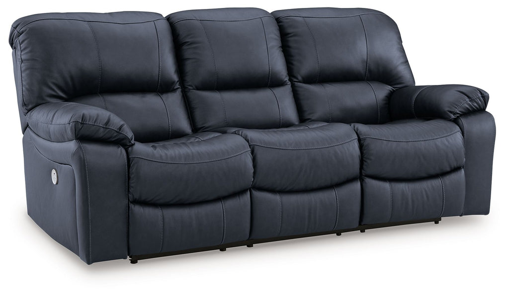Leesworth ocean reclining sofa with visible seat sections, padded headrests, and recline arms.