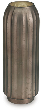 Metal vase, dark bronze, vertical ridges, flared top and rounded base