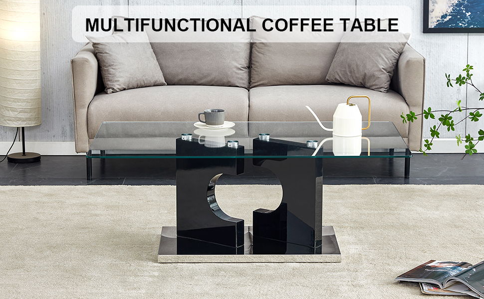 A Rectangular Modern And Fashionable Coffee Table With Tempered Glass Tabletop And Black MDF Legs Suitable For Living Room