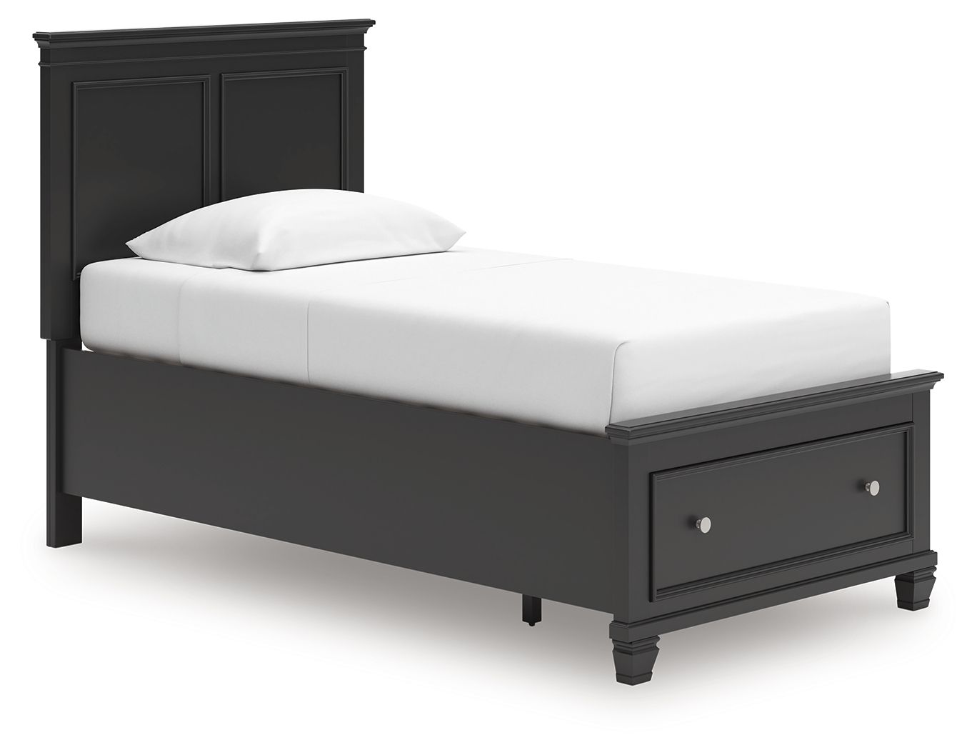 Black panel bed with one drawer front, two knobs, and white mattress, paneled headboard