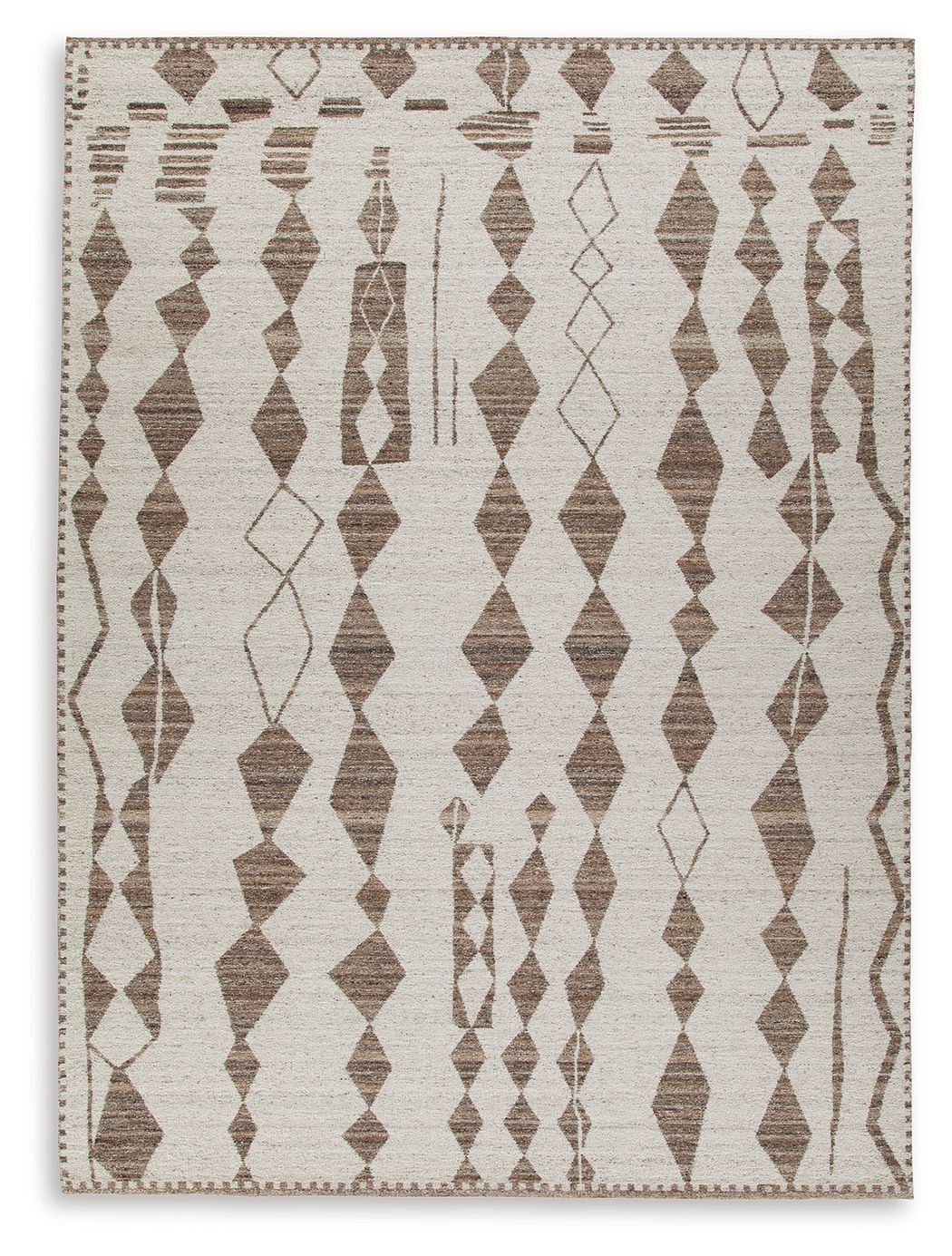 Geometric area rug with ivory base and dark brown repeating diamond motif