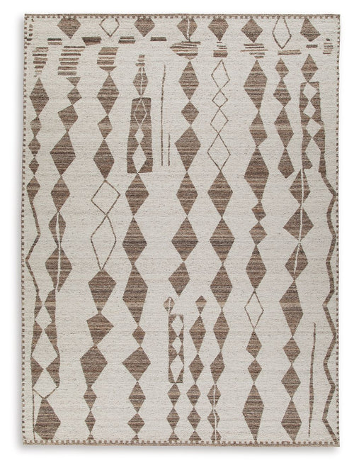 Geometric area rug with ivory base and dark brown repeating diamond motif