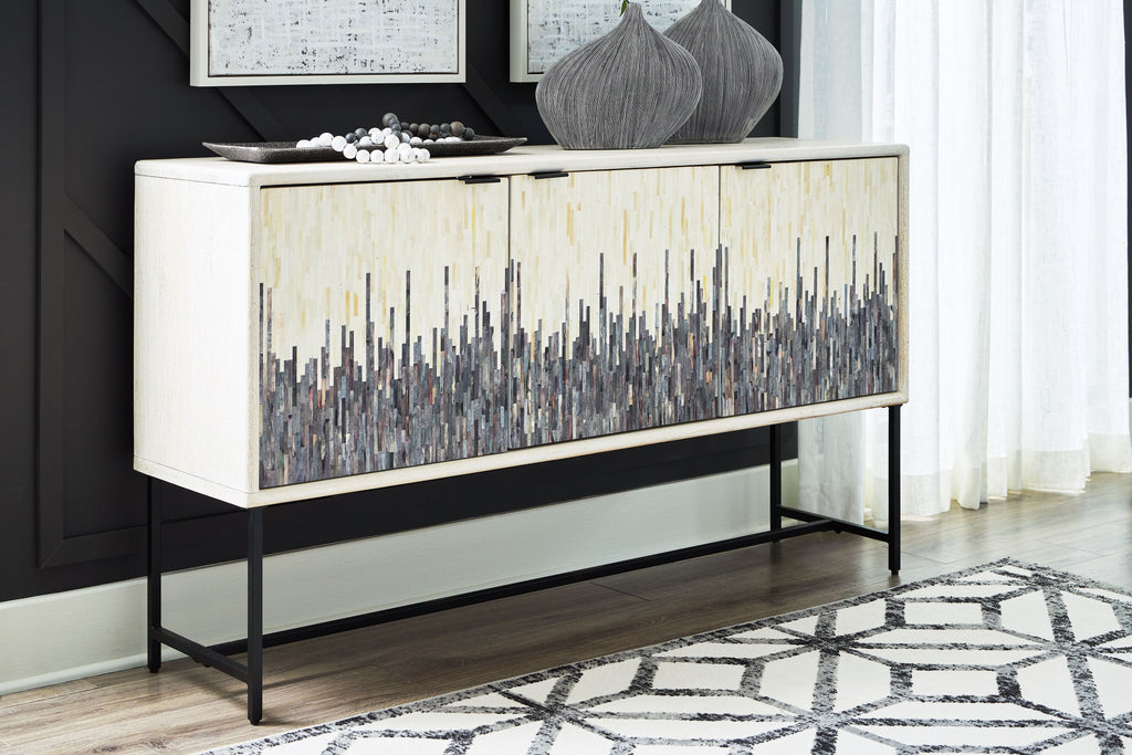 White accent cabinet with gray vertical line doors and black metal base legs