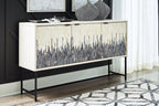 White accent cabinet with gray vertical line doors and black metal base legs