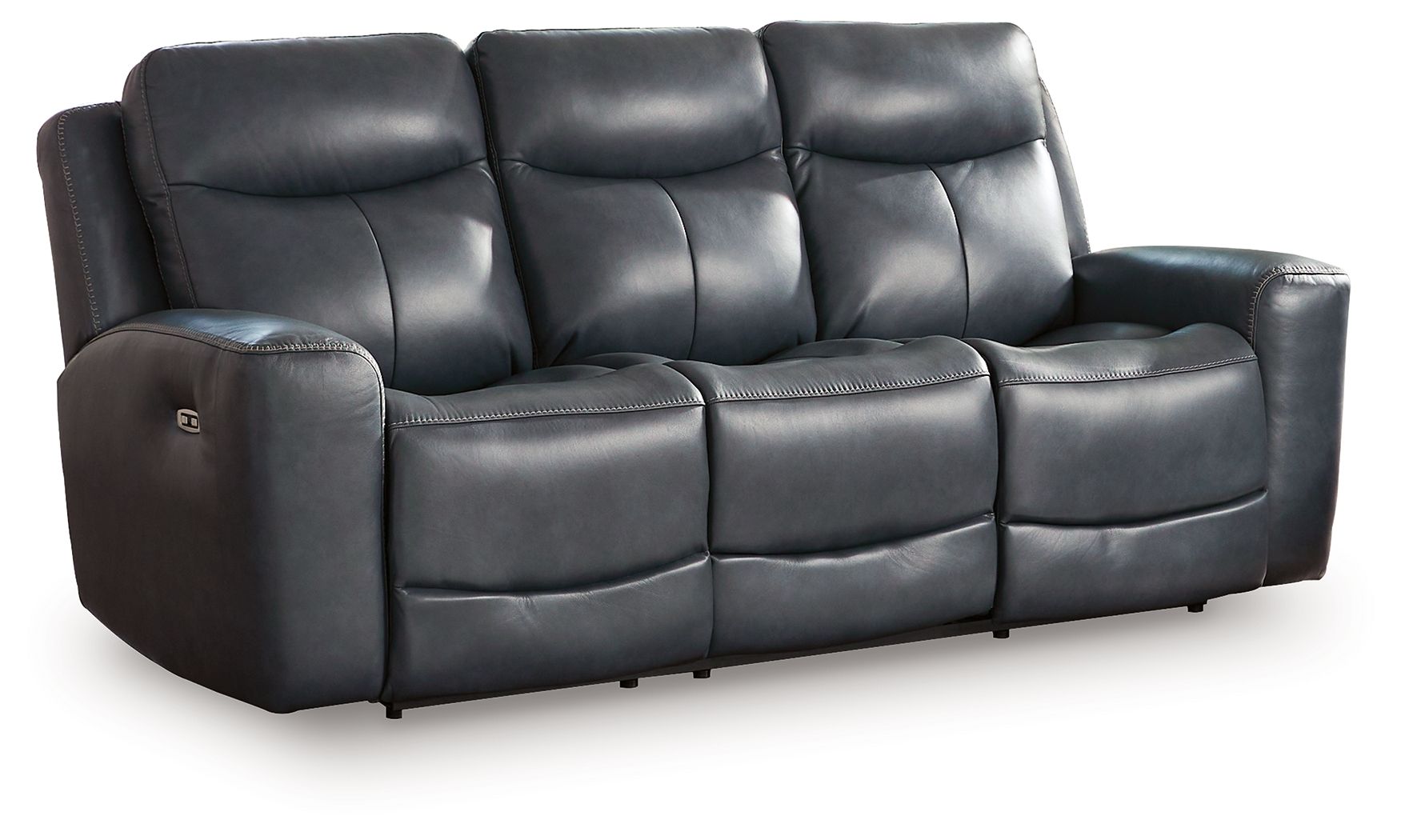 Dark gray power reclining sofa with cushioned headrests and padded armrests