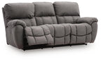Gray reclining sofa with adjustable headrests, padded armrests, and tufted cushions