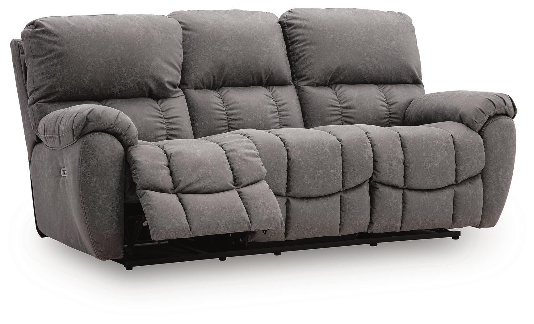 Gray reclining sofa with adjustable headrests, padded armrests, and tufted cushions