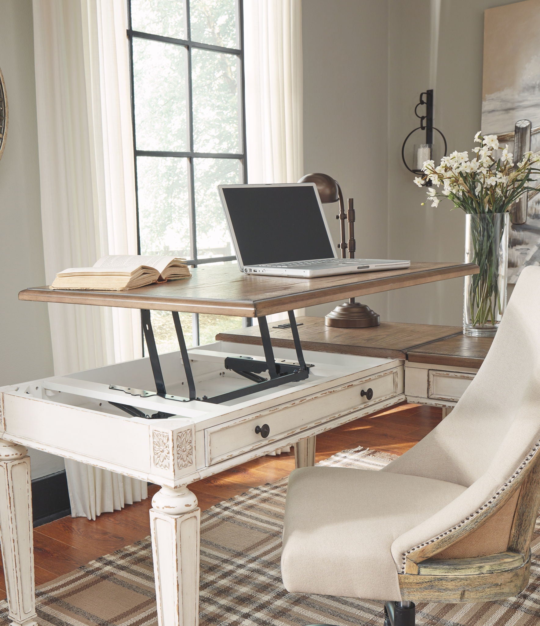 L-shaped lift-top desk with white base, brown top, open compartments and drawers
