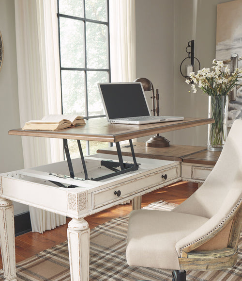 L-shaped lift-top desk with white base, brown top, open compartments and drawers
