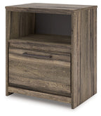 Brown one-drawer night stand with open shelf and metal drawer pull, wooden frame