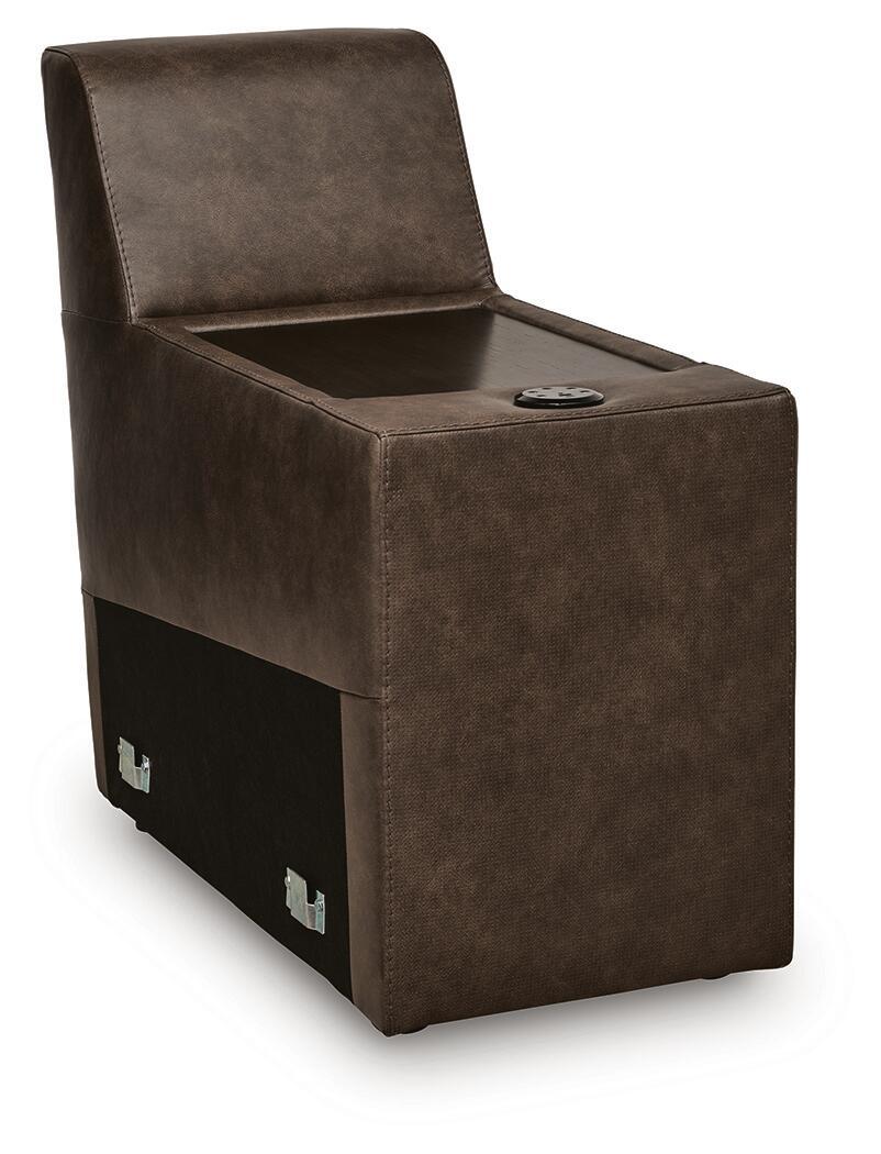 Upholstered console with audio system, dark chocolate brown cube with open top storage