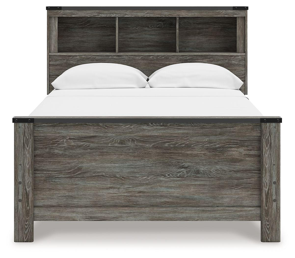 Gray bookcase panel bed with open-shelf headboard and white pillows on the mattress.