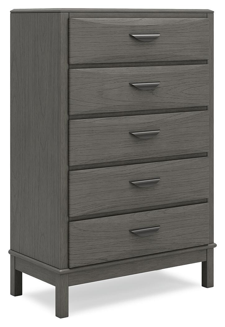 Gray five-drawer chest with bar handles and tapered legs