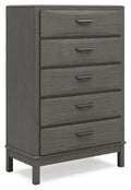 Gray five-drawer chest with bar handles and tapered legs