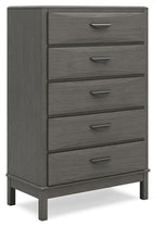 Gray five-drawer chest with bar handles and tapered legs