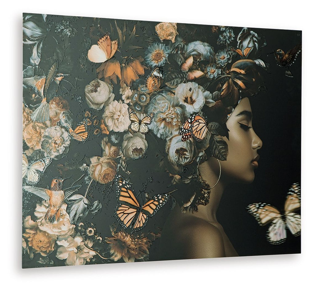 Floral wall art with woman profile and butterfly near center; orange, black, and white